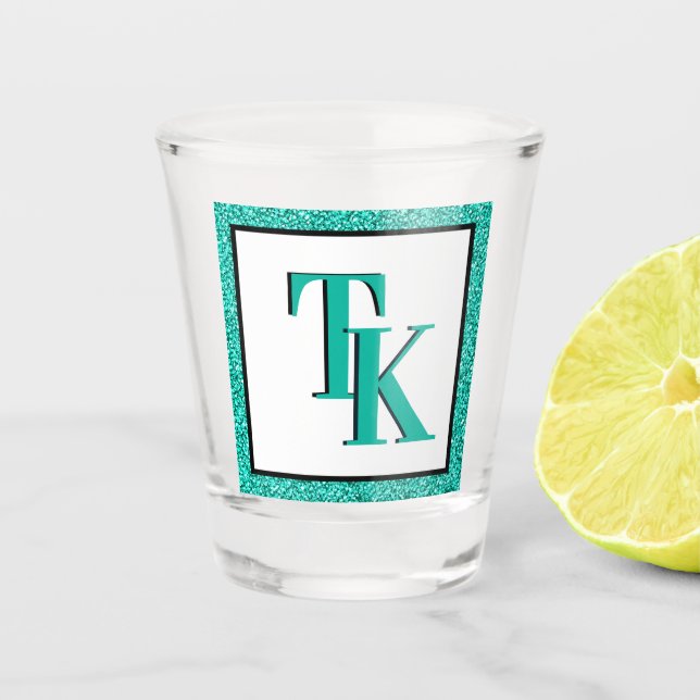 Stylish Teal Blue Glitter Glam Monogram Initials Shot Glass (Front)
