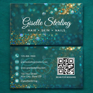 Stylish Teal Blue Gold Glitter QR Code Luxury Business Card