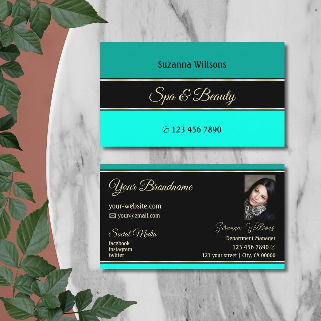 Stylish Teal Borders on Black Modern with Photo Business Card (Creator Uploaded)