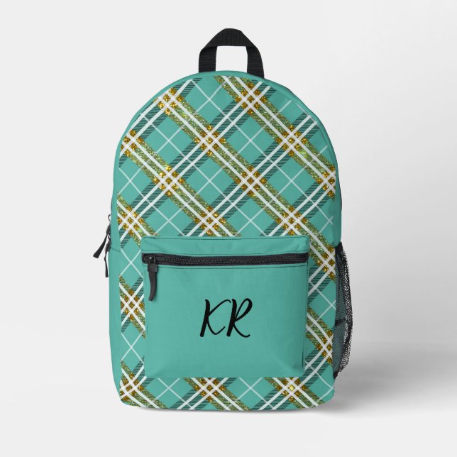 Stylish Teal Chequered Gold Glitter Border Initial Printed Backpack (Front)