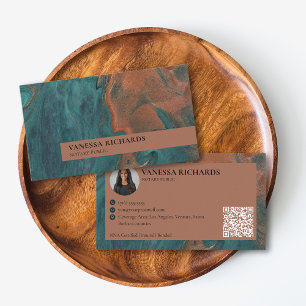 Stylish Teal & Copper Swirl QR Code Photo Notary  Business Card