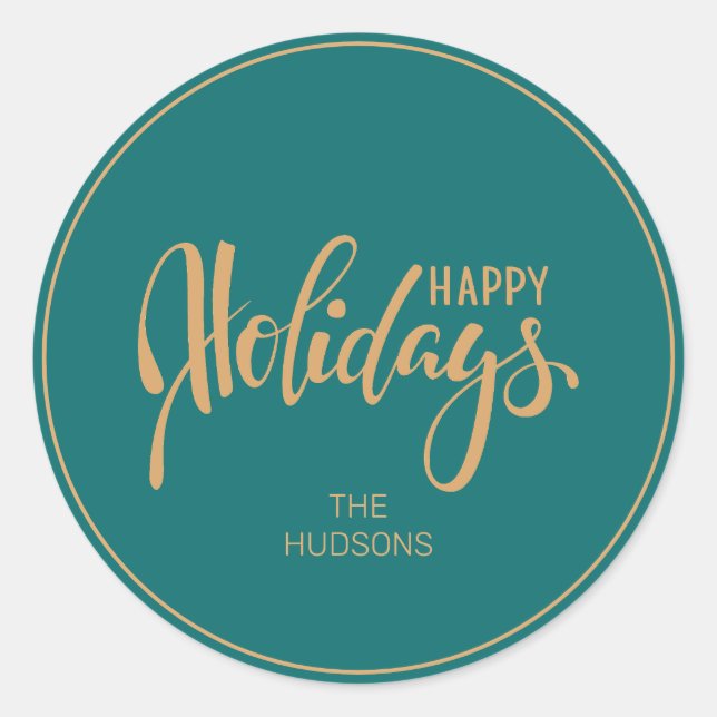 Stylish Teal & Faux Gold Happy Holidays Chrismas Classic Round Sticker (Front)