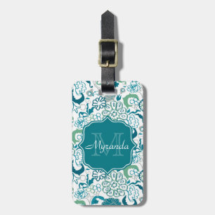 Stylish Teal Floral Pattern With Monogram and Name Luggage Tag