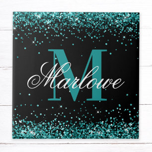 Stylish Teal Glitter Black White Monogram Tile