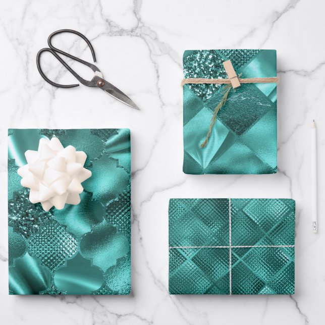 Stylish Teal Glitter Diamond Foil Patterns Wrapping Paper Sheet (Front)