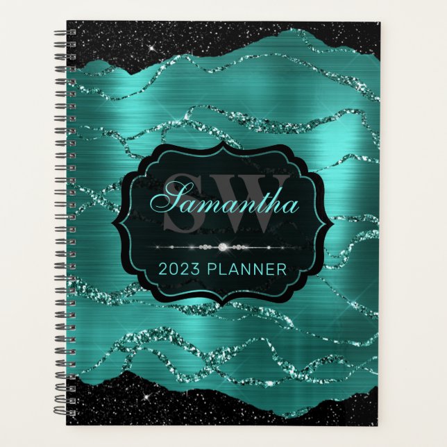 Stylish Teal Glitter Marble & Black Edges Monogram Planner (Front)