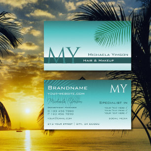 Stylish Teal Gradient Chic Palm Leaf with Monogram Business Card