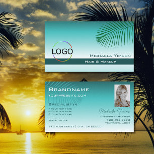 Stylish Teal Gradient Palm Leaf Logo and Photo Business Card