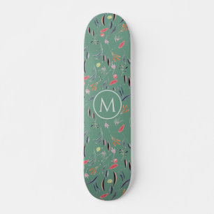 Stylish Teal Green Floral Watercolor MONOGRAM Skateboard