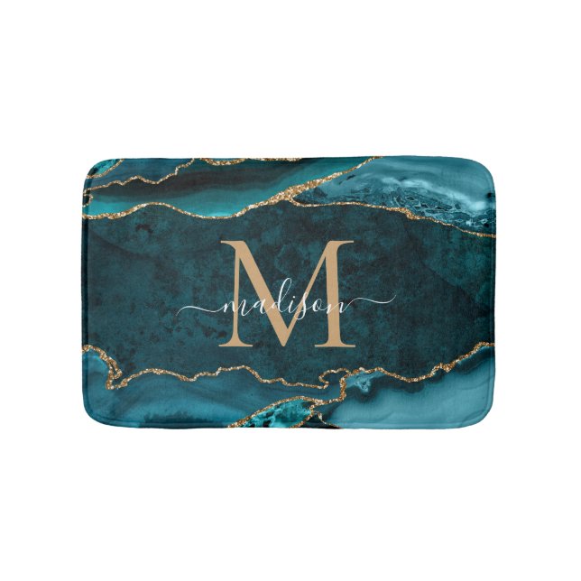 Stylish Teal Green Gold Agate Geode Chic Monogram Bath Mat (Front)