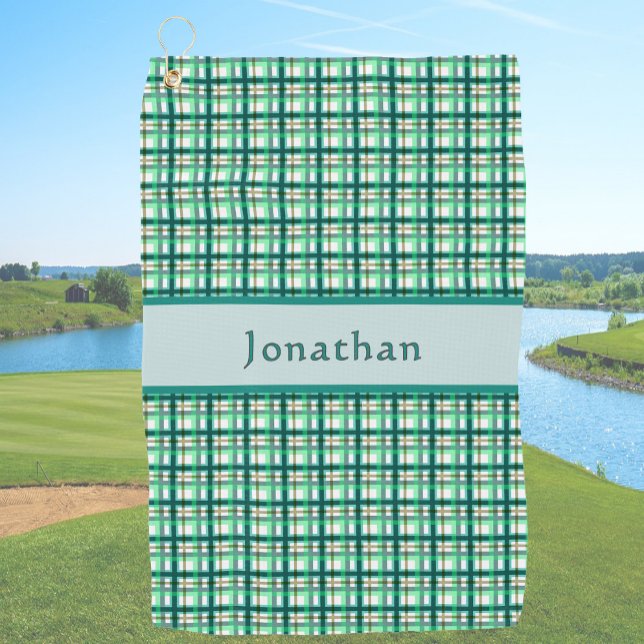 Stylish Teal Green Plaid Personalized Name  Golf Towel (Creator Uploaded)