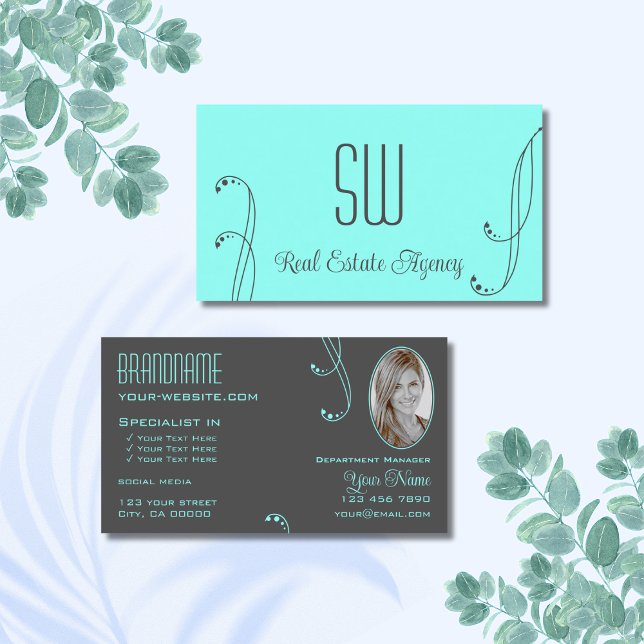 Stylish Teal Grey Ornate with Monogram and Photo Business Card (Creator Uploaded)