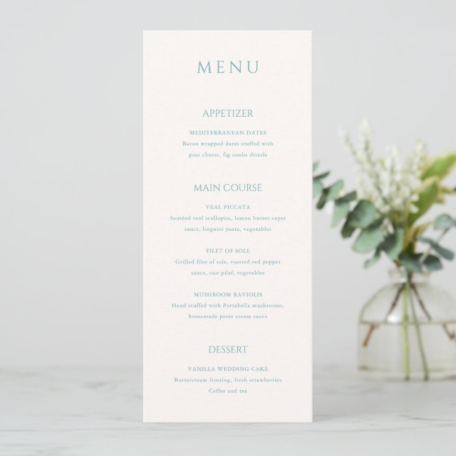 Stylish Teal Modern Wedding Menu (Standing Front)