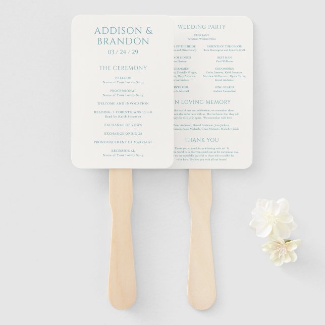 Stylish Teal Modern Wedding Program Hand Fan (Front and Back)