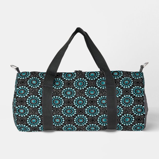 Stylish Teal on Black Modern Popular Dot Art  Duffle Bag (Front)
