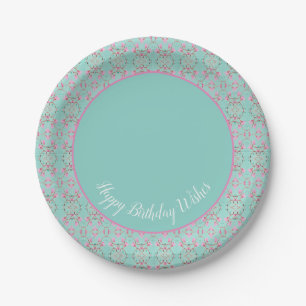 Stylish Teal Pink and White Happy Birthday Plates
