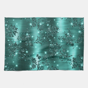 Stylish Teal Shimmer Glitter and Foil Floral Kitchen Towel