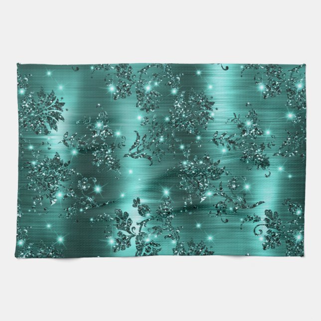 Stylish Teal Shimmer Glitter and Foil Floral Kitchen Towel (Horizontal)