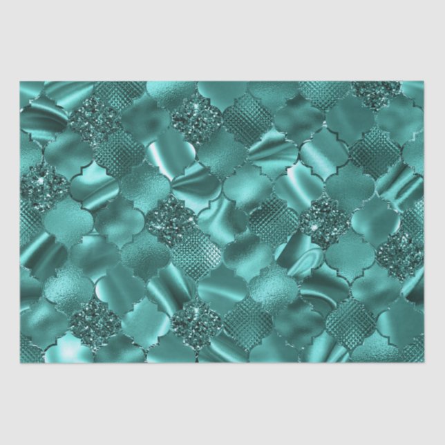 Stylish Teal Shimmer Glitter and Foil Quatrefoil Tissue Paper (Front)