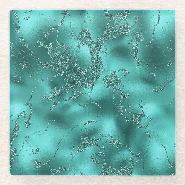 Stylish Teal Shimmer Glitter & Foil Marble effect Glass Coaster (Front)