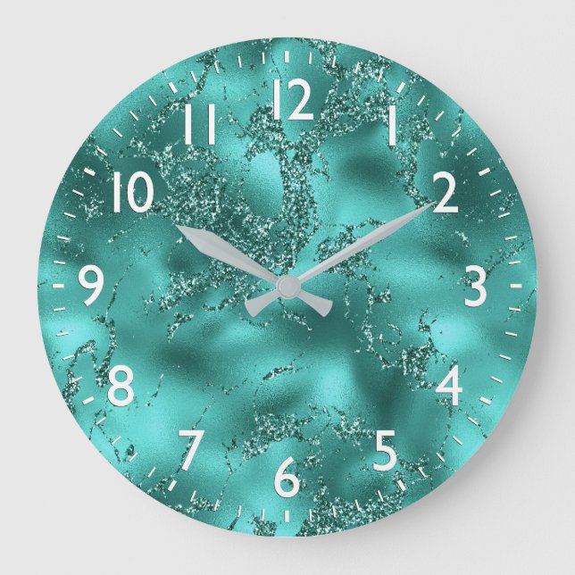 Stylish Teal Shimmer Glitter & Foil Marble effect Large Clock (Front)