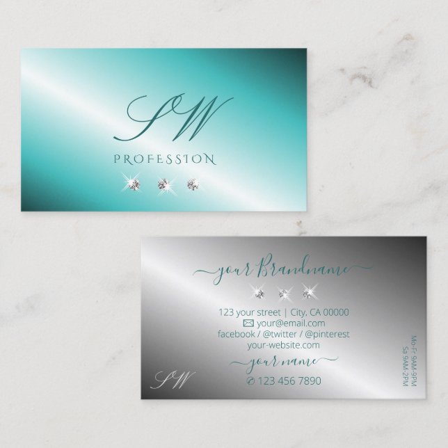 Stylish Teal Silver Sparkling Diamonds Initials Business Card (Front/Back)