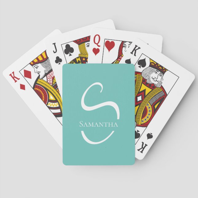 Stylish Teal White Monogram Playing Cards (Back)