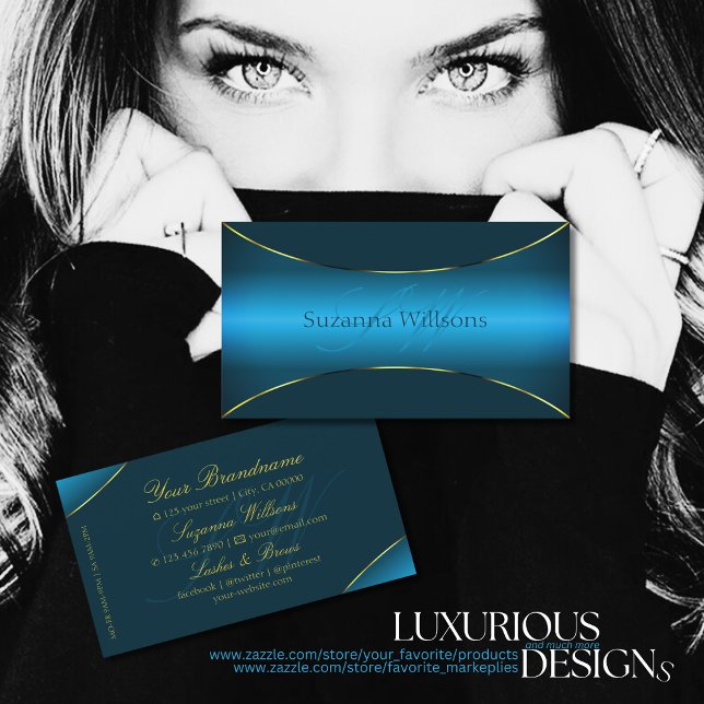 Stylish Teal with Gold Shimmer Border and Monogram Business Card (Creator Uploaded)