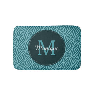 Stylish Teal Zebra Print With Monogram and Name Bath Mat