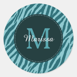 Stylish Teal Zebra Print With Monogram and Name Classic Round Sticker