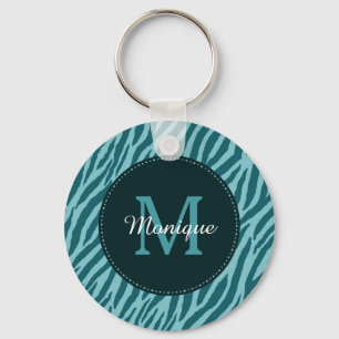 Stylish Teal Zebra Print With Monogram and Name Keychain