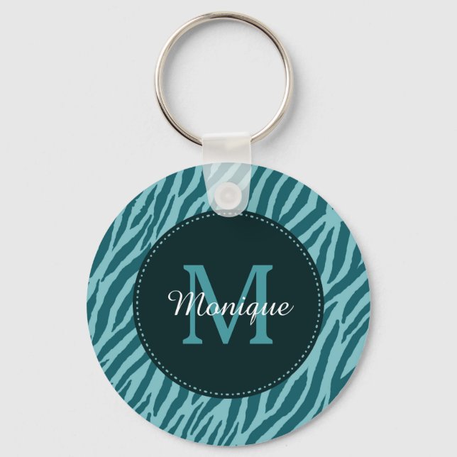 Stylish Teal Zebra Print With Monogram and Name Keychain (Front)