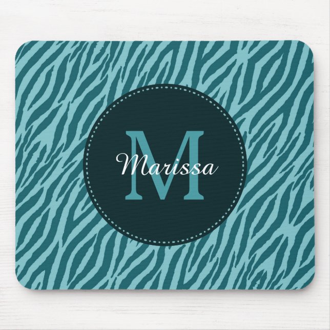 Stylish Teal Zebra Print With Monogram and Name Mouse Pad (Front)