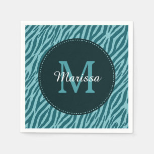 Stylish Teal Zebra Print With Monogram and Name Napkin