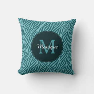 Stylish Teal Zebra Print With Monogram and Name Throw Pillow