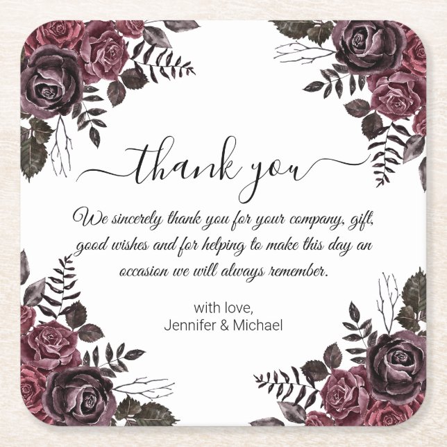 stylish thank you gothic floral halloween wedding  square paper coaster (Front)
