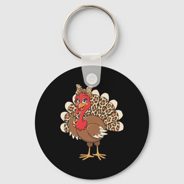 Stylish Thanksgiving Turkey With Leopard Print Des Keychain (Front)