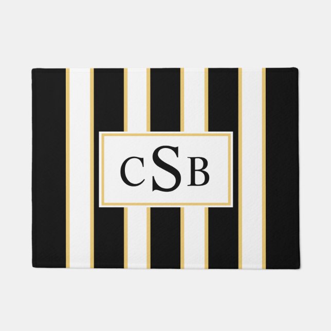 Stylish Three Letter Monogram| Black White Stripe Doormat (Front)