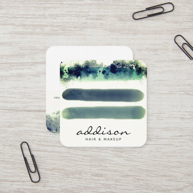 Stylish Torquoise Watercolor Strokes Signature Square Business Card (Front/Back In Situ)