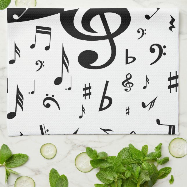 Stylish Treble Clef Wave Black and White Kitchen Towel (Folded)