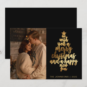 Stylish Trendy Black & Gold Family Photo Christmas Holiday Card