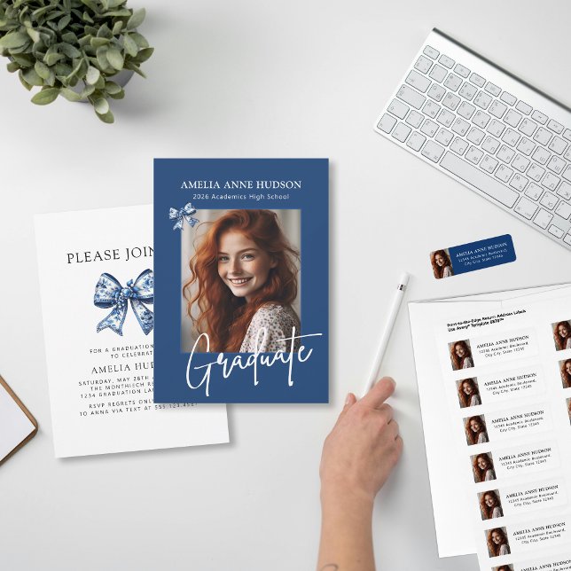 Stylish Trendy Blue Bows 2026 Graduate Photo Invitation (Creator Uploaded)
