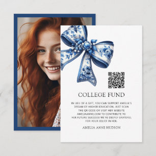 Stylish Trendy Blue Floral Bow Photo College Fund Enclosure Card