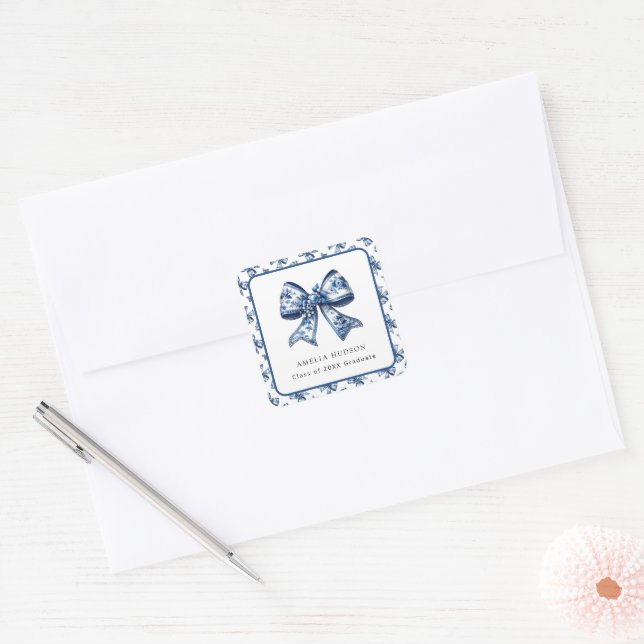 Stylish Trendy Blue Floral Bow  Square Sticker (Envelope)