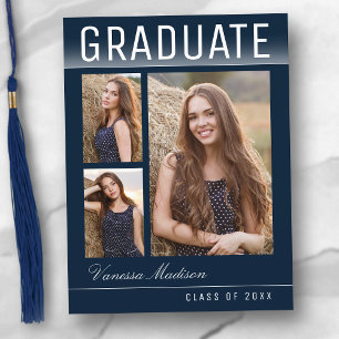 Stylish Trendy Chic 3 Photo Navy Blue Graduation Postcard