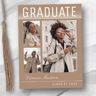 Stylish Trendy Chic 3 Photo Taupe Beige Graduation Postcard