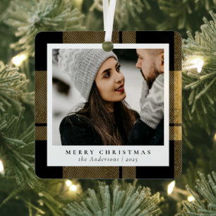 Stylish Trendy Gold Plaid Christmas Couple Photo Metal Ornament