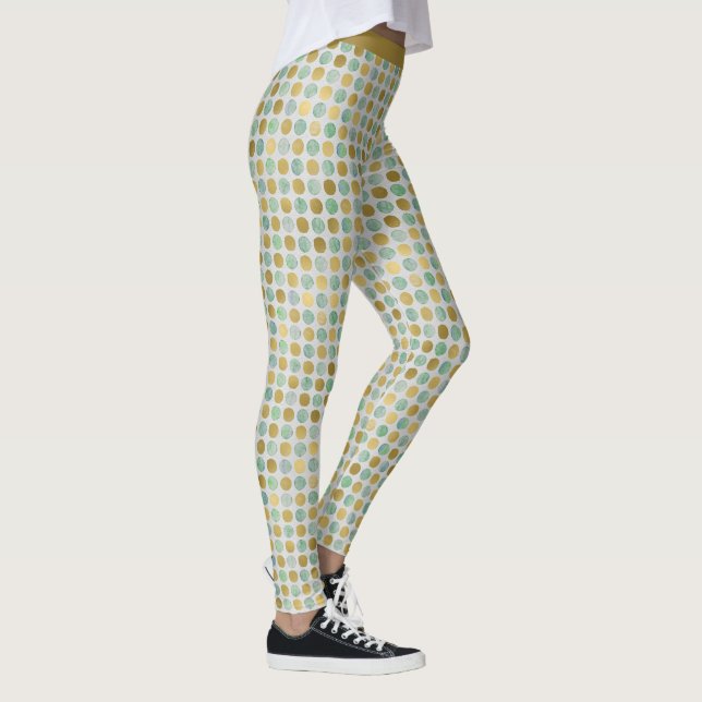 Stylish Trendy Gold Teal Polka Dot Pattern Yoga Leggings (Right)
