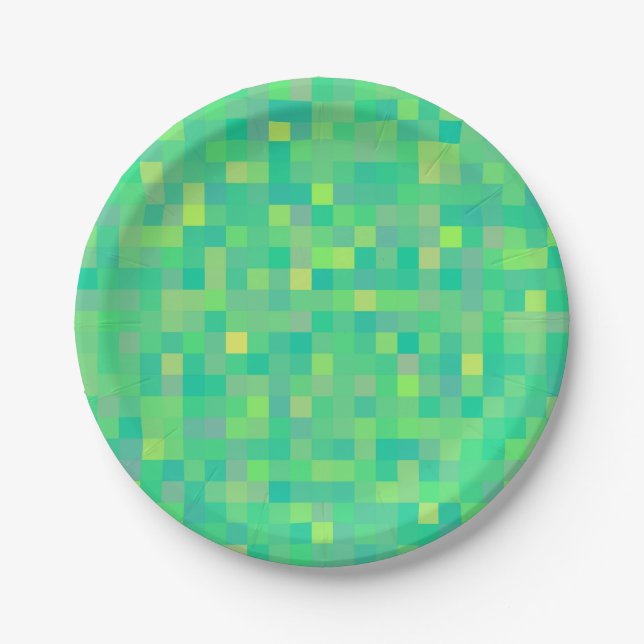 Stylish Trendy Green/Yellow Pixel Mosaic Pattern Paper Plate (Front)