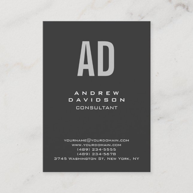 Stylish Trendy Grey Monogram Plain Business Card (Front)